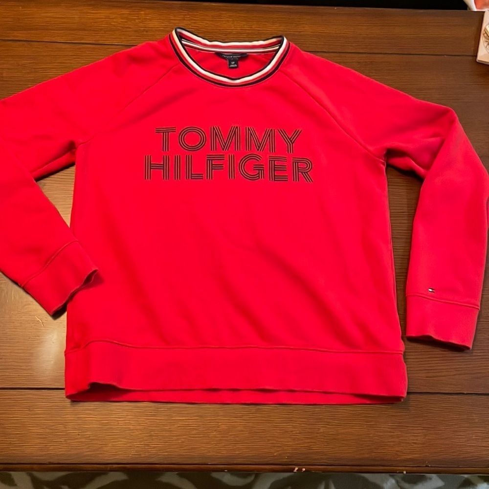 Tommy Hilfiger red sweatshirt top. Small. Spell out across front